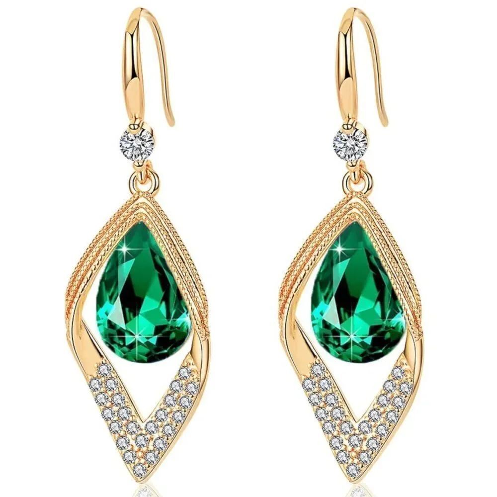 14K Yellow Gold with Emerald Green Austrian Crystal Halo Leaf Teardrop Earrings